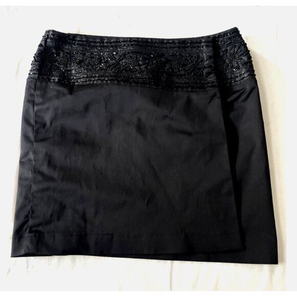 EXPRESS Y2K Vtg Black Satin Wrap Mini Skirt Beaded Sequin Waist Stretch Size 5/6 - Picture 1 of 6